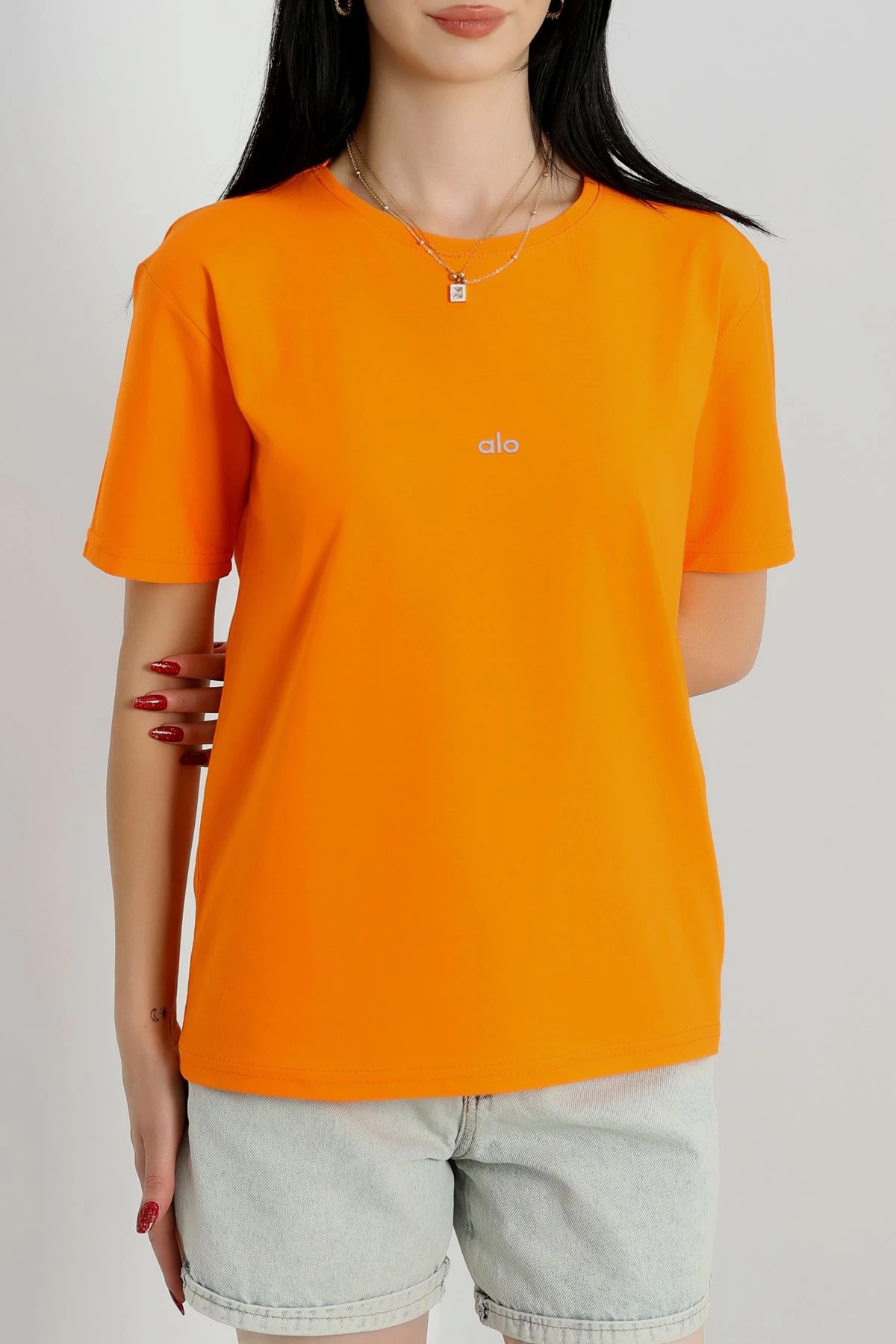 Baskılı Bisiklet Yaka Penye Tişört Turuncu - 90910.1878.