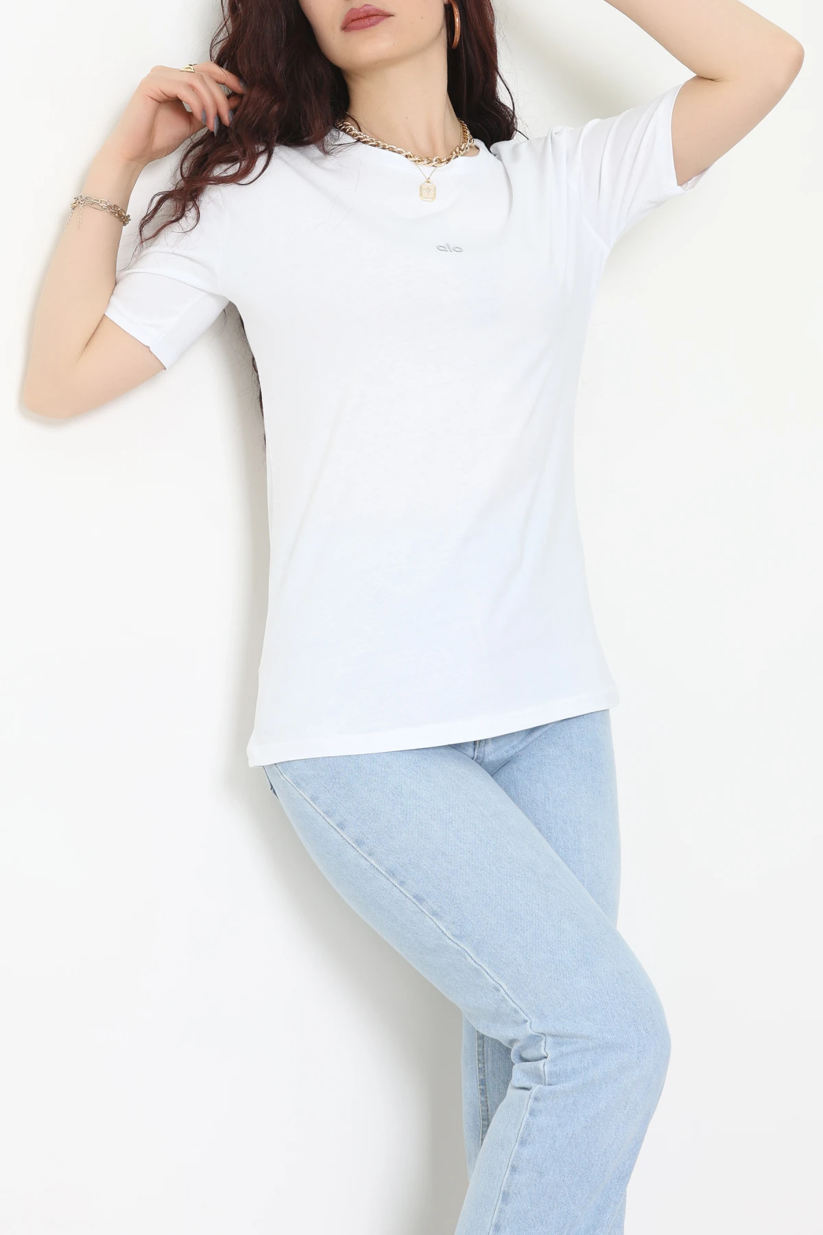 Baskılı Bisiklet Yaka Lüks Penye Tişört Beyaz - 90910.1878.