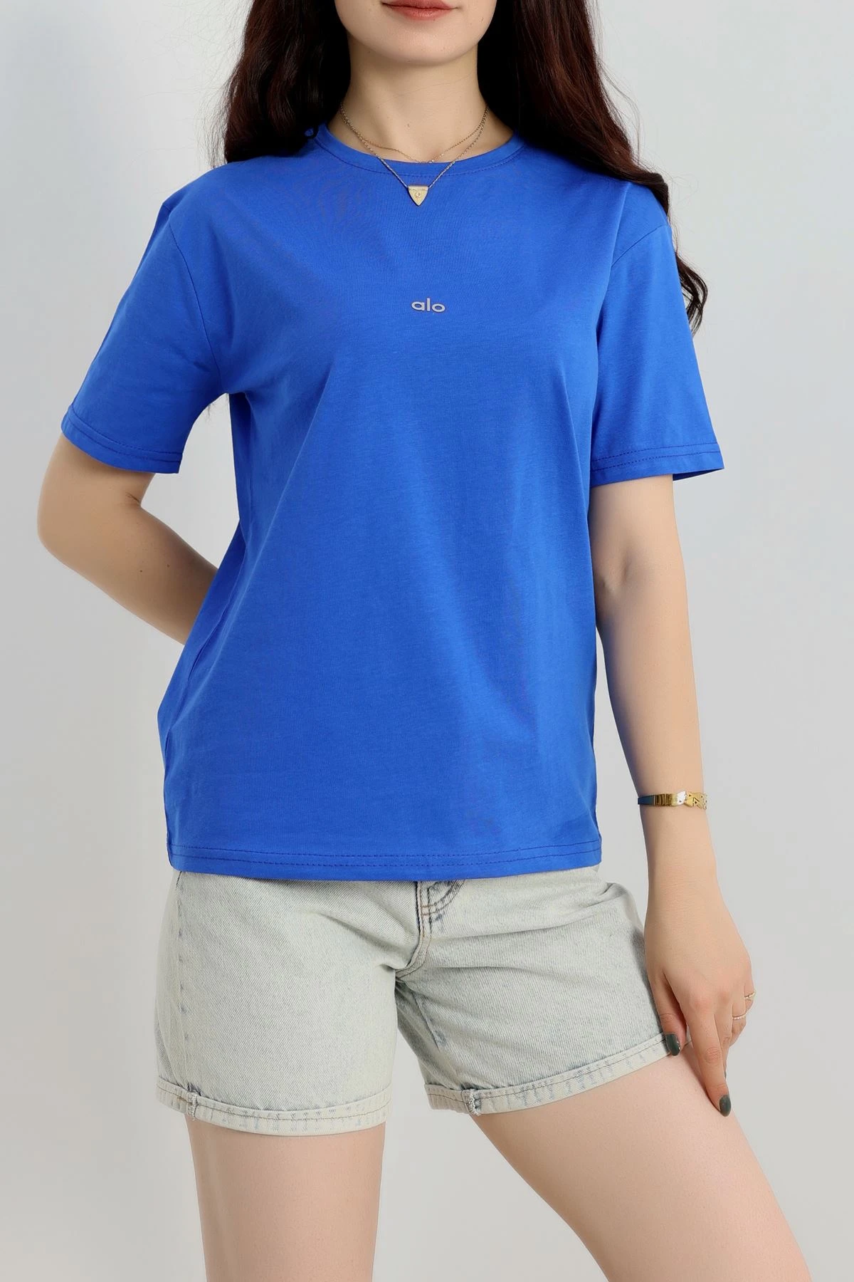 Baskılı Bisiklet Yaka Lüks Penye Tişört Saks - 90910.1878.