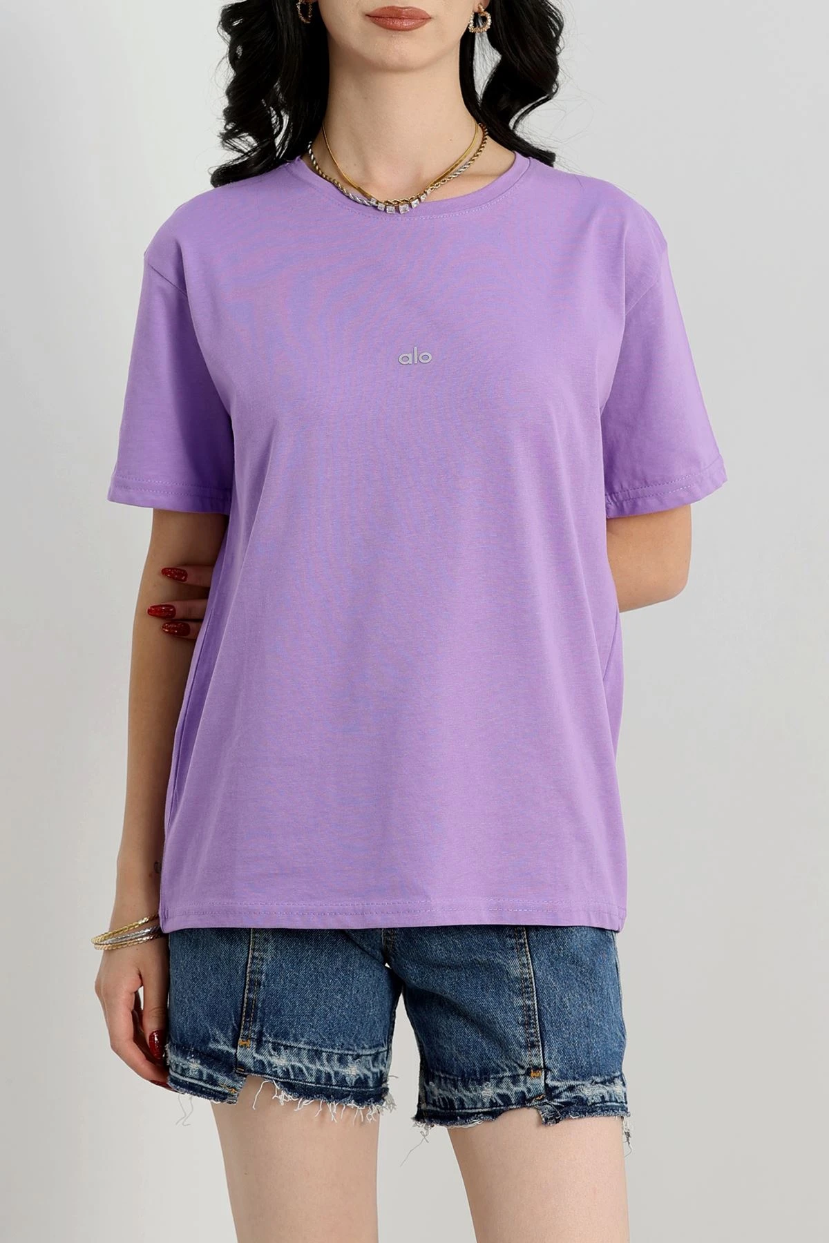 Baskılı Bisiklet Yaka Penye Tişört Açıklila - 90910.1878.