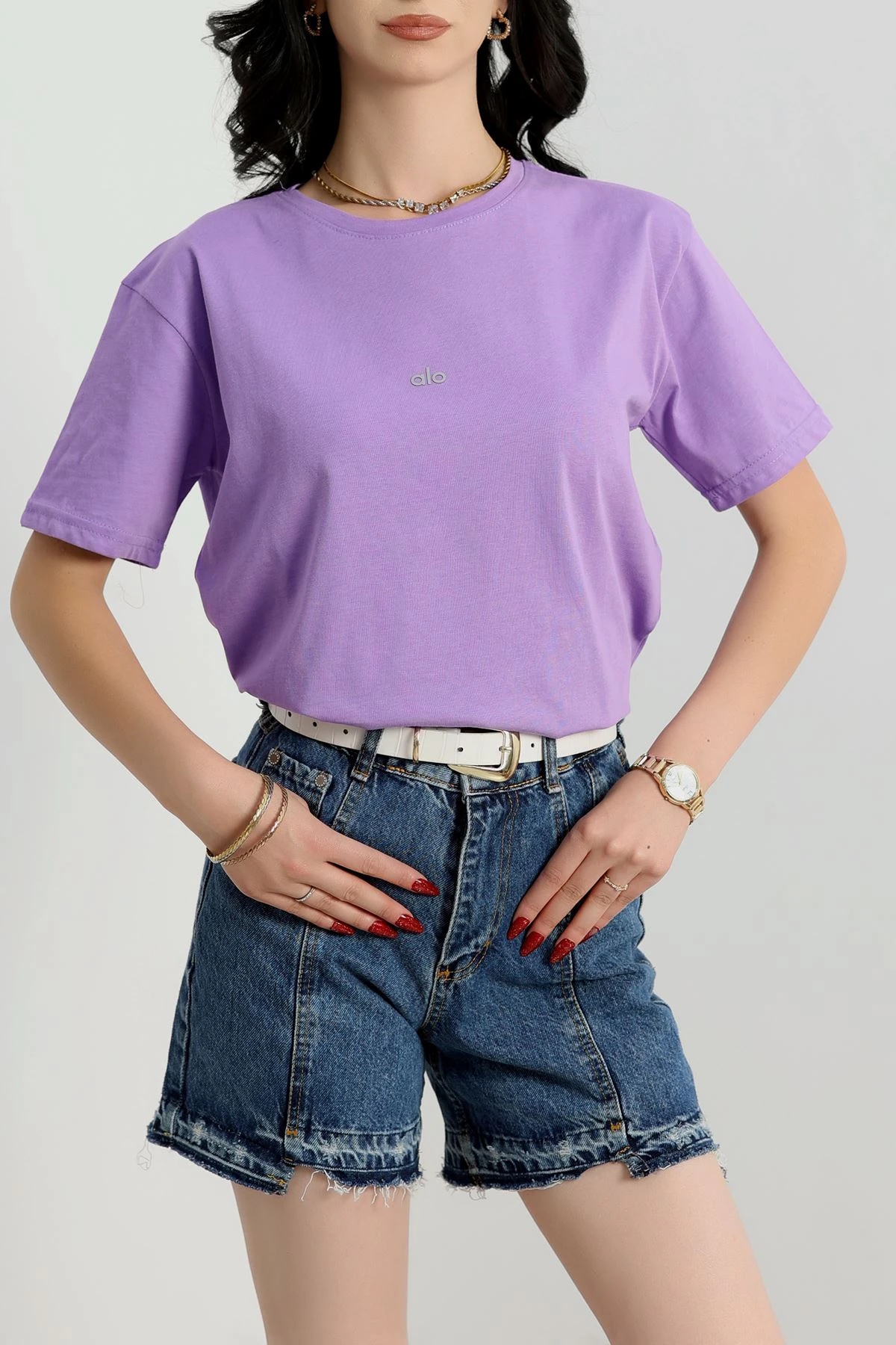 Baskılı Bisiklet Yaka Penye Tişört Açıklila - 90910.1878.