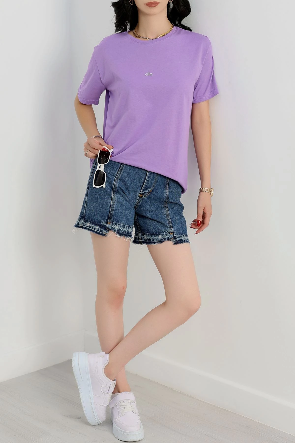 Baskılı Bisiklet Yaka Penye Tişört Açıklila - 90910.1878.