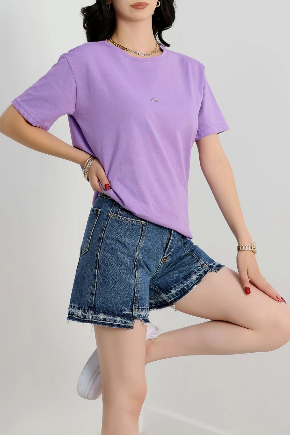 Baskılı Bisiklet Yaka Penye Tişört Açıklila - 90910.1878.