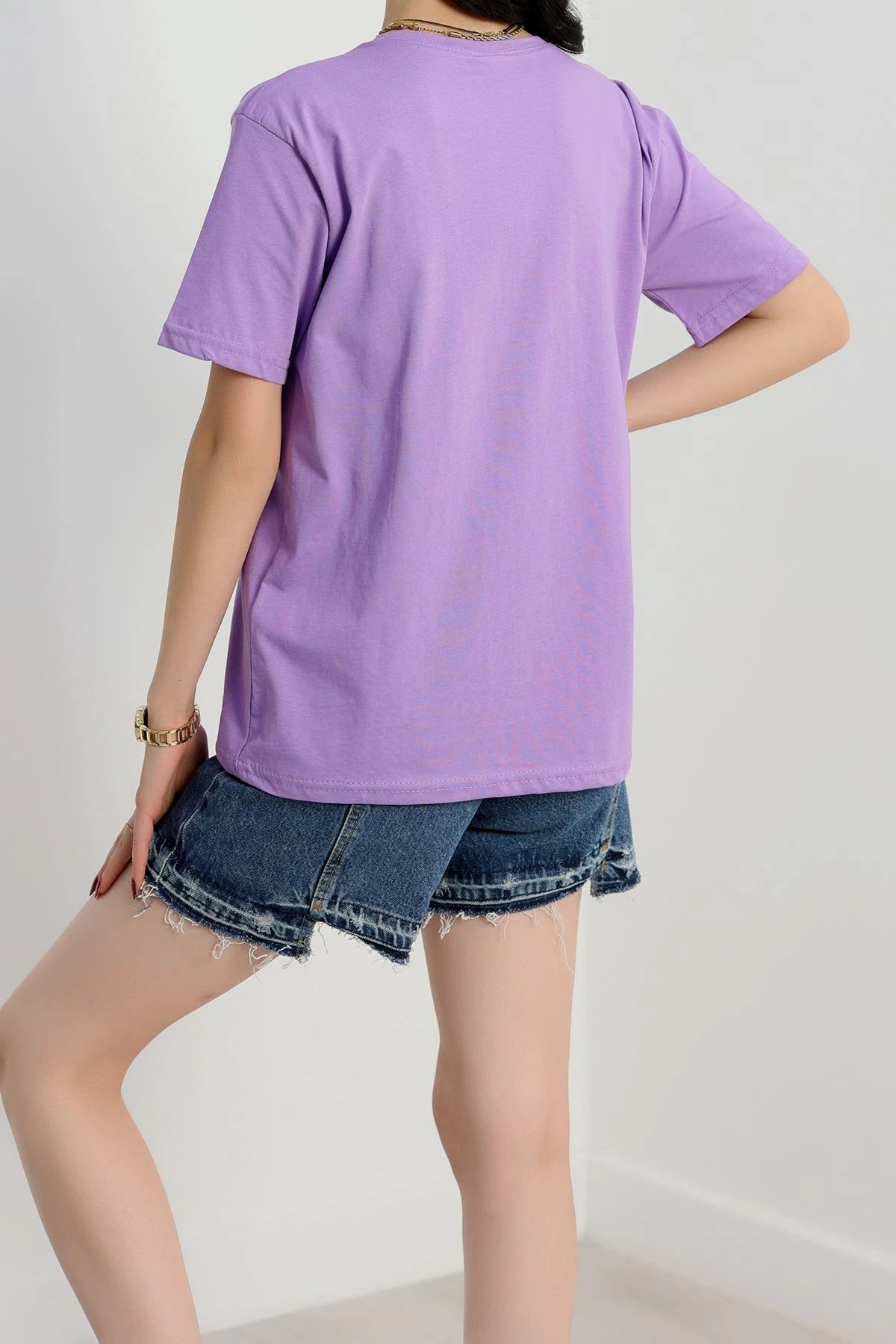 Baskılı Bisiklet Yaka Penye Tişört Açıklila - 90910.1878.